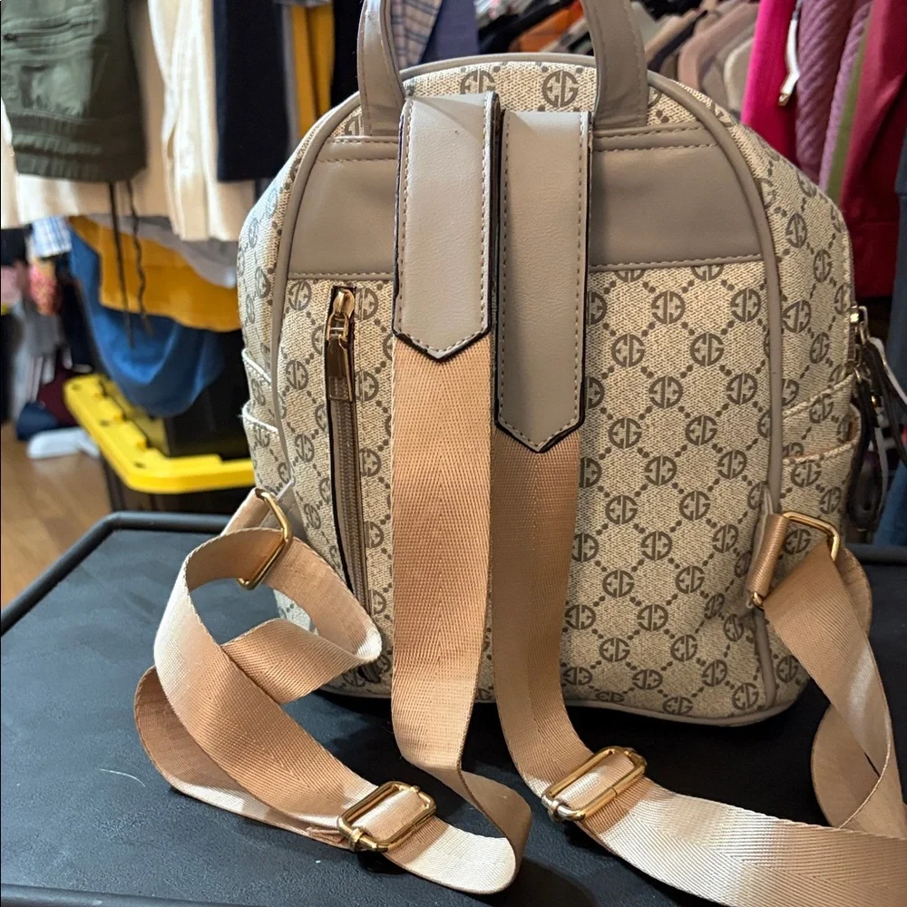 Adrienne Vittadini AV Monogram Mini Backpack Beige Gold Logo Pocket